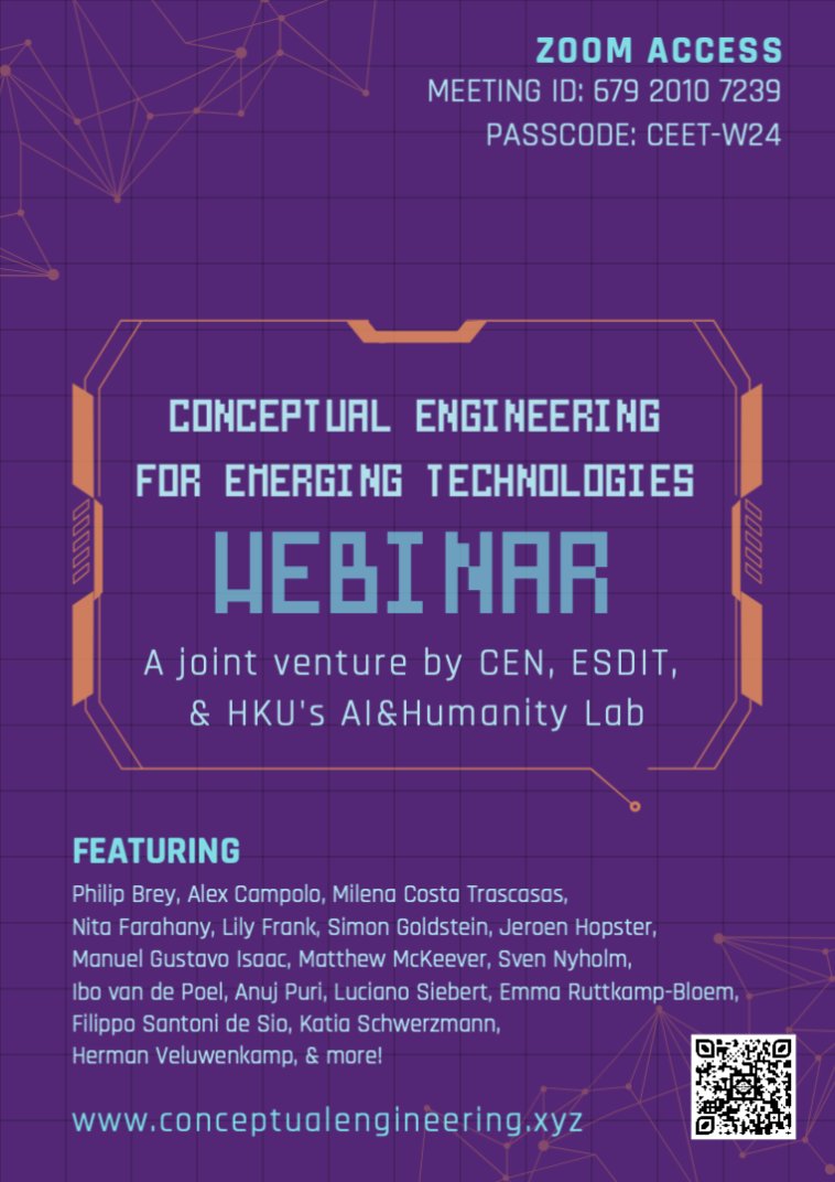 Manuel Gustavo Isaac (@mgis44c) on Twitter photo 📢NEW WEBINAR SERIES | STARTING NOW 🚨
🤖 "CONCEPTUAL ENGINEERING FOR EMERGING TECHNOLOGIES" — A joint venture by CEN, <a href="/esdit_nl/">ESDiT Consortium</a>, & HKU's AI&Humanity Lab!
👉 More info: conceptualengineering.xyz/ceet
#ConceptualEngineering #EmergingTech #DesignForValues #AI #ML #LLMs #Neurorights 📢NEW WEBINAR SERIES | STARTING NOW 🚨
🤖 "CONCEPTUAL ENGINEERING FOR EMERGING TECHNOLOGIES" — A joint venture by CEN, <a href="/esdit_nl/">ESDiT Consortium</a>, & HKU's AI&Humanity Lab!
👉 More info: conceptualengineering.xyz/ceet
#ConceptualEngineering #EmergingTech #DesignForValues #AI #ML #LLMs #Neurorights
