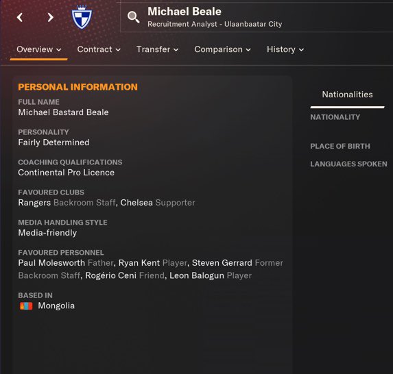 schmeichel1b's tweet photo. Just downloaded the editor for Football Manager 24 so I could move Michael Beale to Ulaanbaatar City FC in Mongolia as a recruitment analyst. It’s petty but it has brightened my evening. #SAFC #BealeOut #FootballManager #FM24 https://t.co/96mjAh9GIF