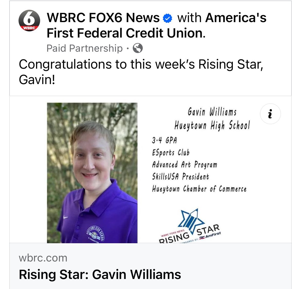 HueytownHigh's tweet photo. Congratulations to this week’s Rising Star, Gavin Williams!!! We are so proud of you. Keep Shining Gavin!!! 💜 💛
#onceagopheralwaysagopher
#goldengopher4life https://t.co/ig3hKHzof8