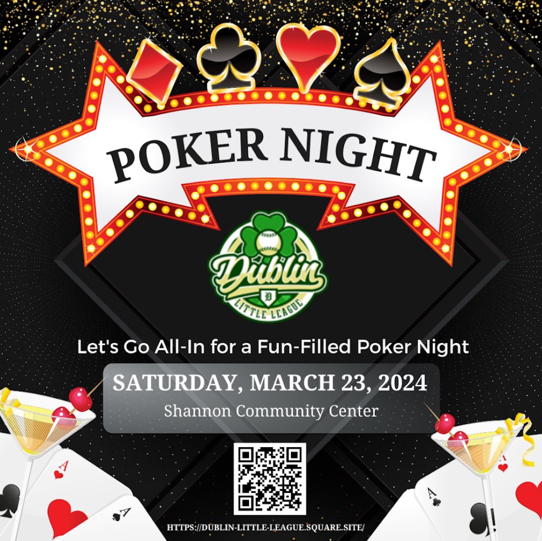 DLL parents, families, and friends… join us for a fun night of food and games to support the 2024 season! #DLLsoftball #DLLbaseball #DublinLittleLeague #pokernight #fundraiser