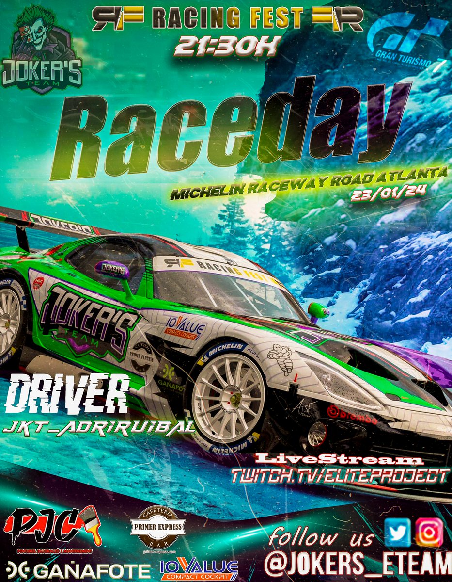 #GT7 #Raceday 

🏁 Ronda 2⃣ en el campeonato <a href="/RacingFest/">Racing Fest</a> ‼️

🇺🇸 Michelin Raceway Road Atlanta 

🏎️ <a href="/Dodge/">Dodge</a>  #Viper 

👤 <a href="/AdriRuibal/">Adri Ruibal</a> domando la bestia sobre el asfalto 

📺 Sigue la retransmisión en twitch.tv/eliteproject

#SomosJokers💚💜

#Simracing  #esport #PS5