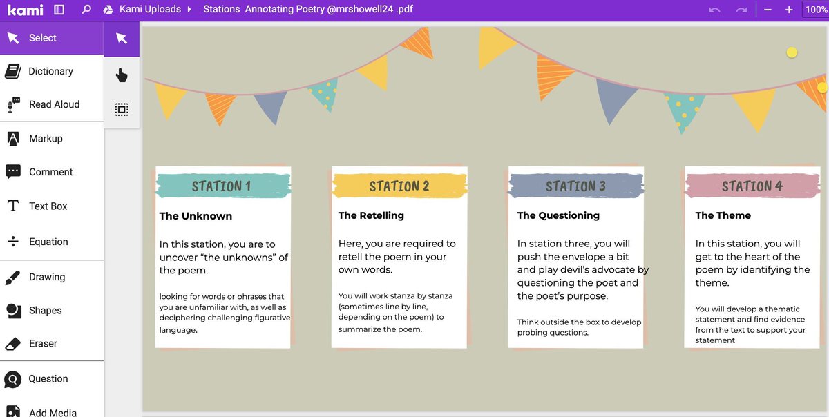 🌟 Check out this awesome station activity for annotating poetry! Students explore unknown words, retell the poem, ask thought-provoking questions, uncover the theme, analyze the title, and connect it all to the message. kami.app/FHe-DPr-wT9-NQp