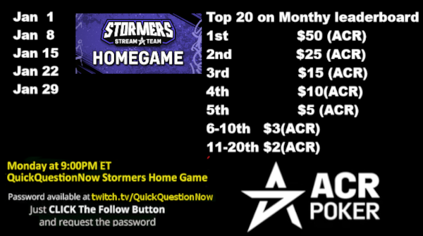 QuikQuestionNow's tweet image. Live on #TWITCH
Win Free entries for Tonight's 
9 PM ET Home Game
We are Live on #TWITCH 
twitch.tv/quickquestionn…
Need #ACR account  
Click bit.ly/ACR_POKER 
Use Bonus Code: QQN999
@ACRStormers
@ACRPokerBR 
@AcrPokerLatam 
#POKER