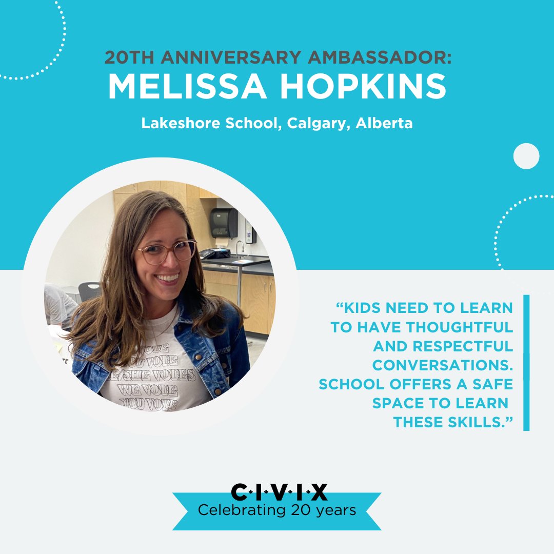 CIVIX_Canada's tweet photo. This week's Ambassador is Melissa Hopkins!

Melissa teaches Grade 9 Humanities in Calgary, Alberta.  She takes a cross-curricular approach to civic education, aiming to help her students see connections between their lives and political processes: https://t.co/mDBTHEr2tS https://t.co/x0BLzO6hOC