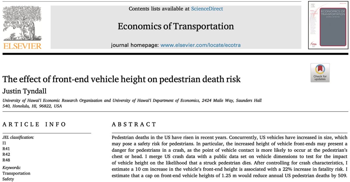 My new paper, The effect of front-end vehicle height on pedestrian death risk, was just published at #Economics of #Transportation. I use vehicle design measurements to test for the effect of taller vehicles on pedestrian outcomes in crashes. sciencedirect.com/science/articl…