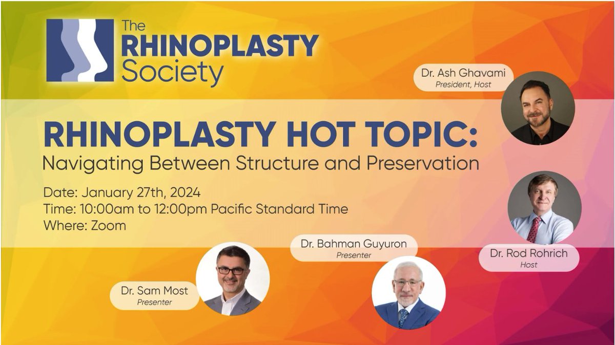 This Saturday, Dr. Guyuron presents on The Rhinoplasty Society's 2024 Webinar Series. 

Rhinoplasty Hot Topic: ⁠
Navigating Between Structure and Preservation⁠
⁠
Saturday, January 27th, 2024⁠
10:00 am to 12:00 pm PST ⁠
⁠
Physicians can register here: rhinoplastysociety.org/webinars