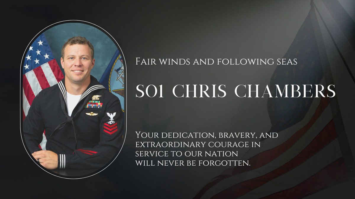 sentdefender's tweet photo. The U.S. Navy has revealed the Identities of the 2 Navy SEALs who are believed to have Drowned off the Coast of Somalia after falling Overboard in 8th Swells, they are Navy Special Warfare Operator 1st Class Christopher J. Chambers and Navy Special Warfare Operator 2nd Class Nathan G. Ingram.

Fair Winds and Following Seas, Shipmates.