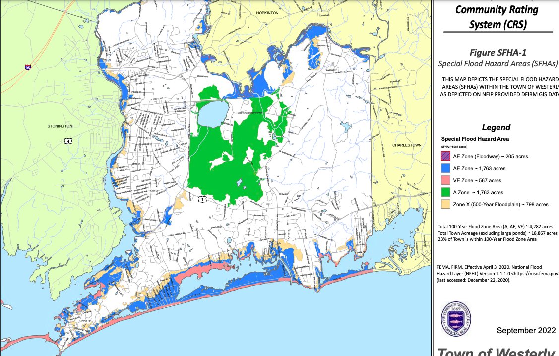 RI State Senator Victoria Gu, District 38 (@victoria4ri) on Twitter photo I brought some maps to <a href="/WBLQradio/">WBLQ 1230 AM/ 103.1 FM</a> Resiliency Radio hour. Some fast facts:
- 23% of Westerly is within the 100-Year Flood Zone Area (color-coded green, blue, pink)
- Homes in the 100-Year Flood Zone have a 26% chance of getting flooded at least once during a 30-year mortgage I brought some maps to <a href="/WBLQradio/">WBLQ 1230 AM/ 103.1 FM</a> Resiliency Radio hour. Some fast facts:
- 23% of Westerly is within the 100-Year Flood Zone Area (color-coded green, blue, pink)
- Homes in the 100-Year Flood Zone have a 26% chance of getting flooded at least once during a 30-year mortgage
