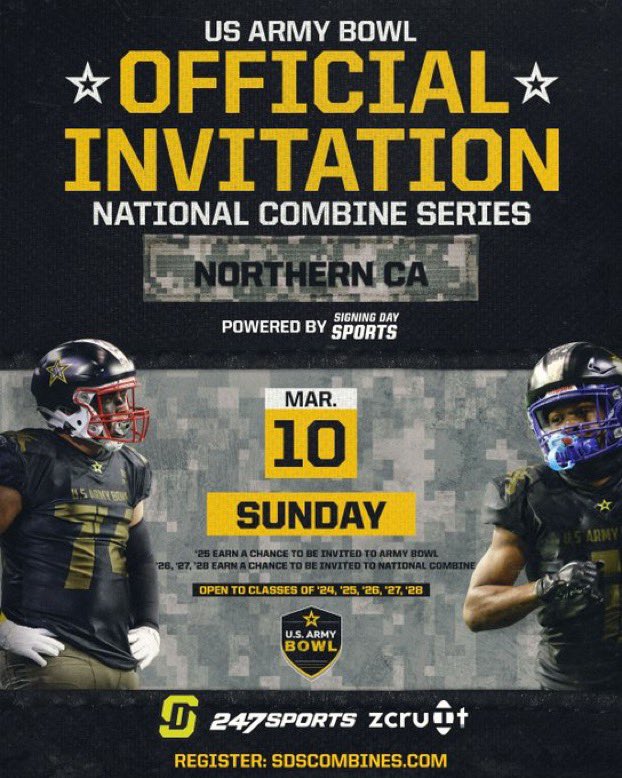 I am very thankful and blessed to have been invited to the US Army bowl combine. Thank you @MattSeiler_SDS i am looking for to competing! 🙏🏽 @Coltonjmerriman @lem_adams #begreat #brace4impact #gamefitsacramento