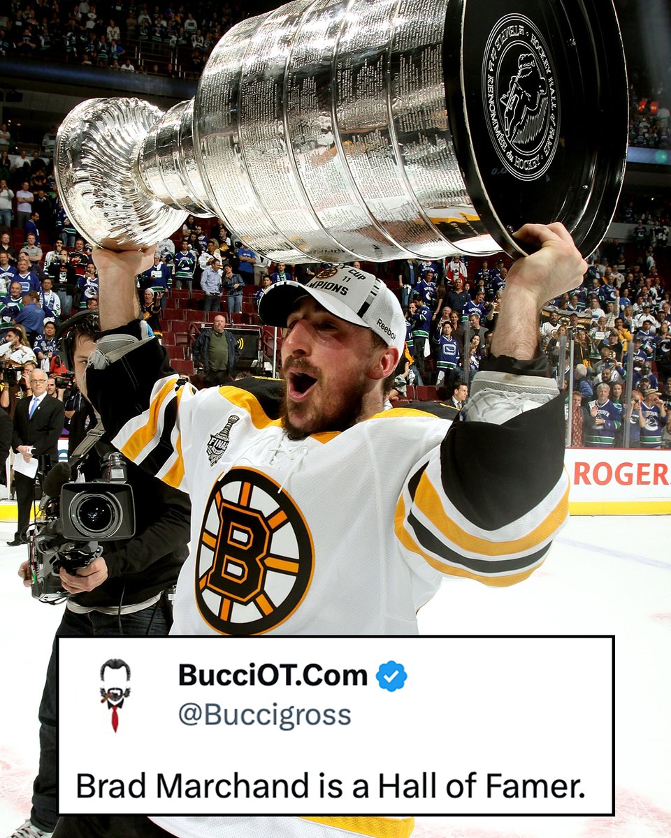 NHL's tweet photo. Brad Marchand has 11 straight 20-goal seasons — a @NHLBruins record. 🐻

Is he a Hall of Famer? 🤔

(via @Buccigross) https://t.co/L0QTB5tOfl