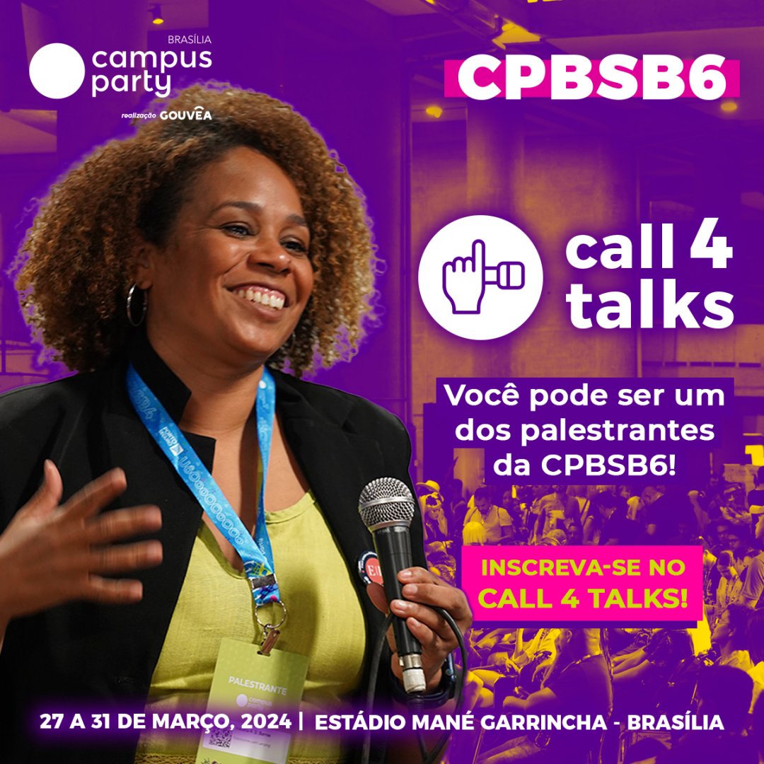 O Call 4 Talks é nosso programa de submissão de palestras e workshops. Compartilhe seus conhecimentos nos palcos da #CPBSB6!
Saiba mais e inscreva-se: bit.ly/4b14EGV

📅 27 a 31 de Março, 2024
📍 Estádio Mané Garrincha, Brasília
