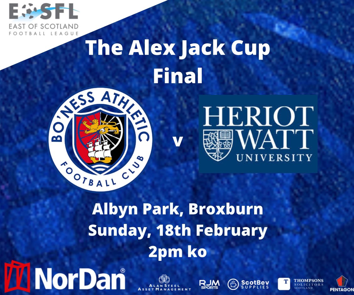 BonessAthletic's tweet photo. ** THE ALEX JACK CUP FINAL **

Confirmation that The Alex Jack Cup Final will be played at Albyn Park, Broxburn on Sunday, 18th February.

#Athletic https://t.co/WQhSl1ZgIp