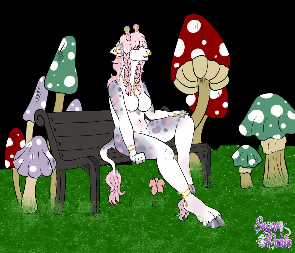 SugarPonie's tweet photo. Personal bit of Persephone 
Trippy version I'll post later ~ 
Pose reference by shadowinkart 
Re work by me
#giraffe #furry #furryart #furryartist #mushrooms #mushroomforest #illustration #anthrogiraffe https://t.co/FjF9OaF8gM