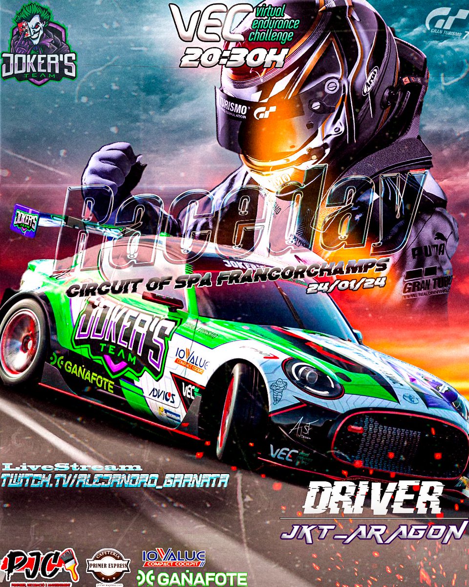 #GT7 #Raceday  

🇧🇪 Estamos en Circuito de Spa-Francorchamps para la carrera de @EnduranceFest 

🏎️ <a href="/Toyota_Esp/">Toyota España</a> #SFRRacingConcep

🖌️ <a href="/AJSF_design/">AJSF_design</a> 

👤 #JKT_Aragon va con todo el arsenal💪

 📺 Sigue la carrera de nuestro piloto en twitch.tv/alejandro_garn…

Let´s go Jokers😈💚💜