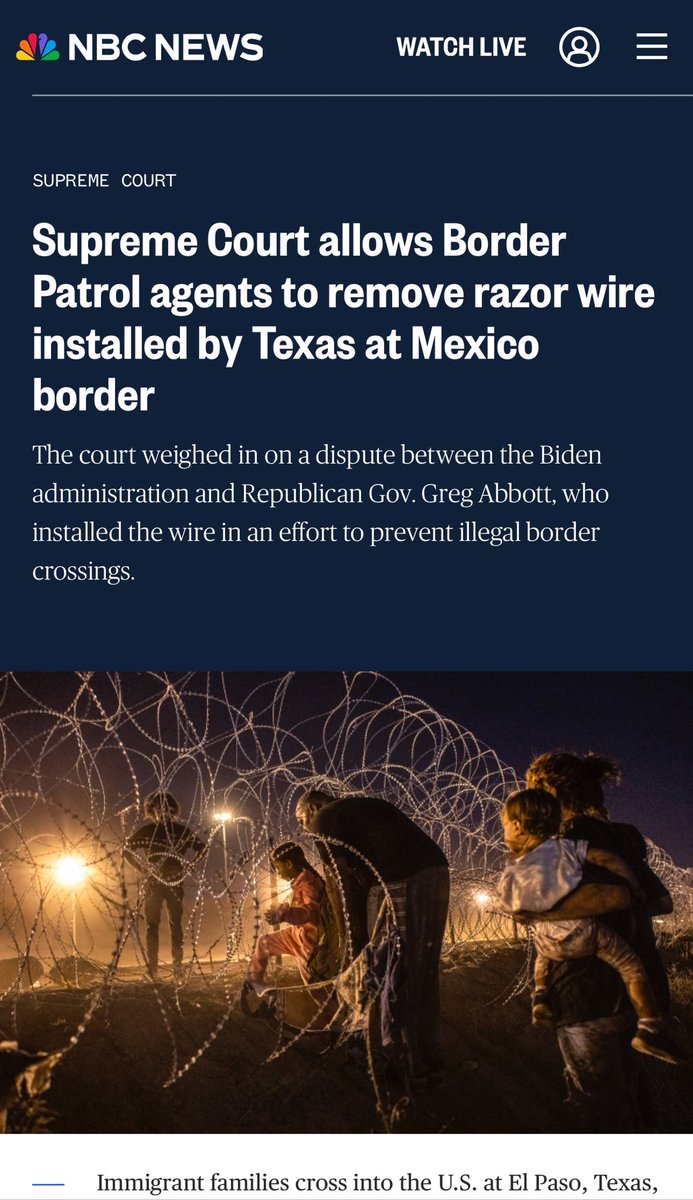 🚨🚨 In a shocking ruling today, the US Supreme Court ruled 5-4 that @JoeBiden can tear down Texas barbed wire barriers installed by the Texas National guard. Justices Roberts and Barrett sided with the Democrats. Let’s hope they don’t side with the Democrats when it comes to