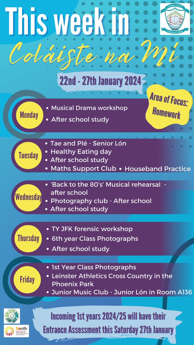 Coláiste na Mí on X: "Coláiste na Mí's weekly calendar - 22nd to 27th of  January 2024. #thisweekincoláistenamí #eventsthisweek  https://t.co/PXhHyG7Gju" / X