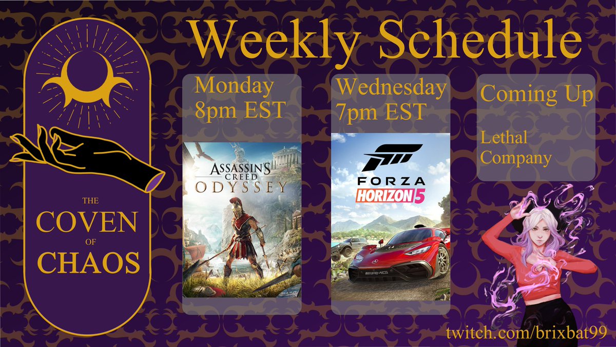 brixbat99's tweet photo. Weekly schedule is out! See you guys tonight at 8pm EST as we continue our odyssey https://t.co/DsqaH7wFWi