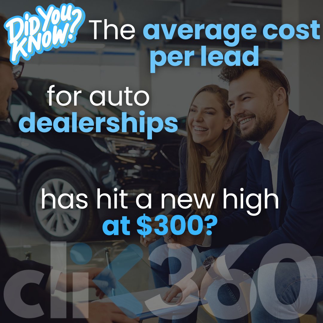 Clik360Leads's tweet image. $300? Luckily for them, Clik360 has reduced CPL&apos;s for auto dealers by an average of 94%. High quality, exclusive, buyer-intent leads! #AutoLeads #LeadGen #100percentconversion #Clik360