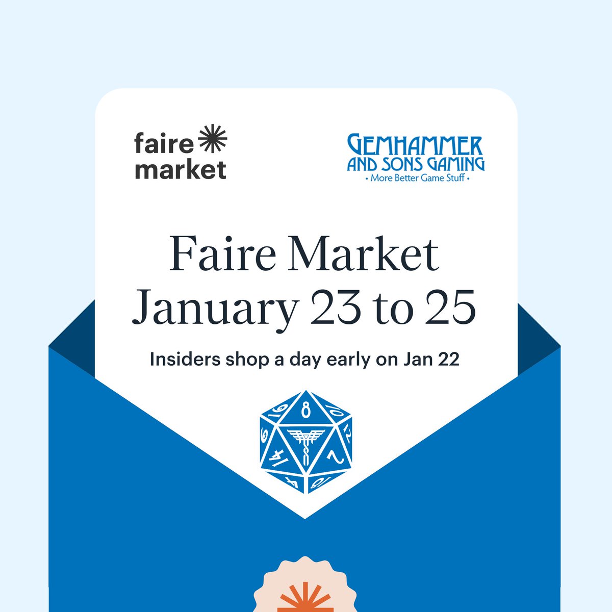 GemhammerGaming's tweet photo. Hey #FLGS We're taking part in the Faire Market on @faire_wholesale from January 23rd to 25th. Get an extra 20% off of all of your wholesale orders with Gemhammer!
https://t.co/AhBAPO9AsH
#ttrpg #dnd #dnd5e #gamestore #gameshop #hobbyshop #friendlylocalgamestore https://t.co/FwuBihcU3d