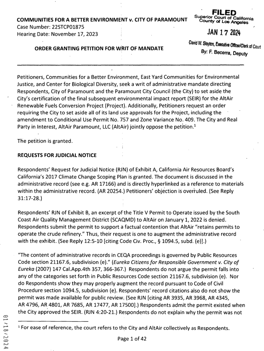 📢#EnvironmentalJustice Victory!🎉

@LASuperiorCourt orders City of Paramount to set aside approval of the Paramount refinery biofuel conversion for violating CEQA.

We will continue to fight against the oil & gas industry's rampant #greenwashing of biofuels. #CARefineryDangers