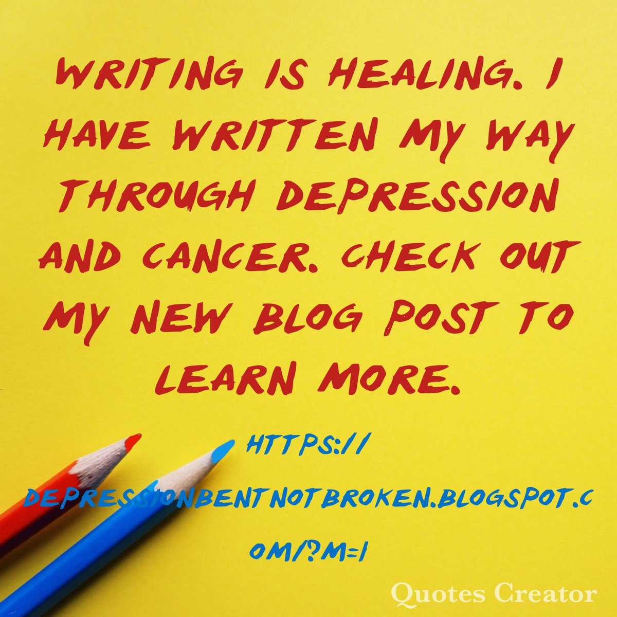 #Writing is healing. My pen has carried my through #depression and #cancer. Read about writing’ healing power in my new blog post. Share with someone who might benefit. 
depressionbentnotbroken.blogspot.com/?m=1
#mentalillness #mentalhealth #anxiety #writingtoheal #psychiatry #journaling