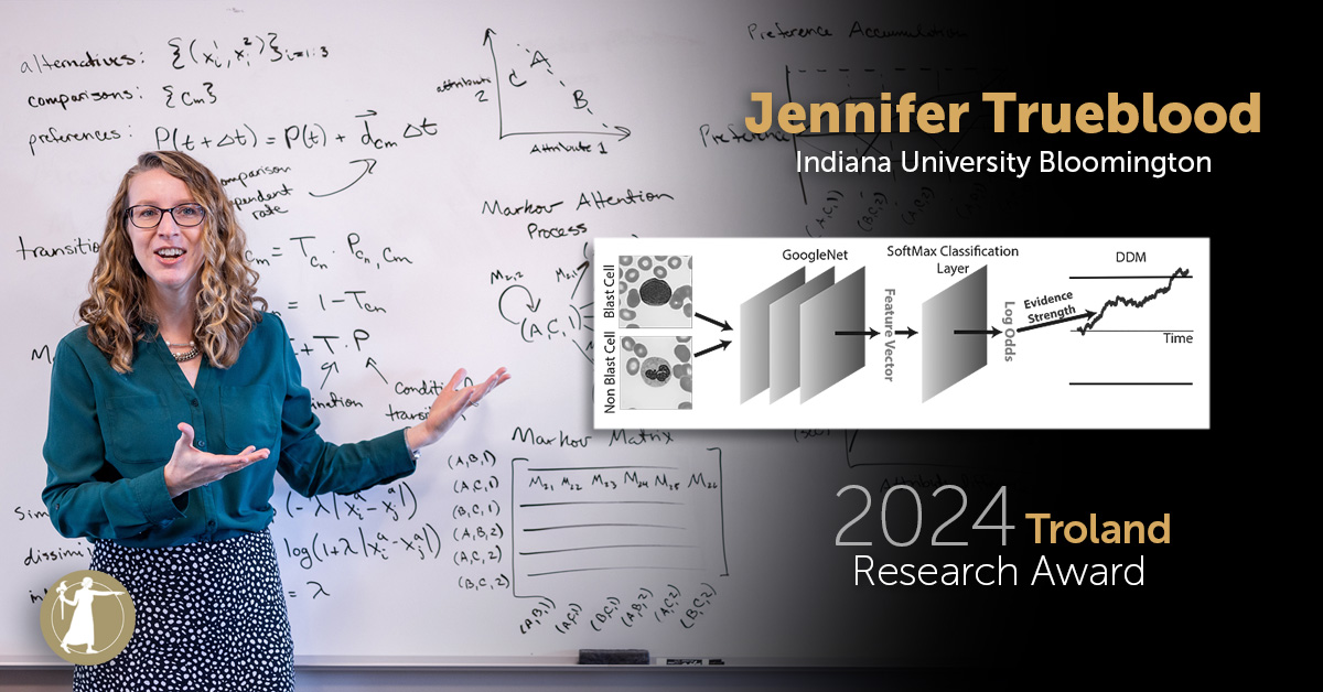 Congratulations to Jennifer Trueblood of @IUPsychBrain @IUCollege @IndianaUniv @IUBloomington, winner of a 2024 @theNASciences Troland Research Award for her pioneering work on mathematical models of cognitive processing. #NASaward #academia