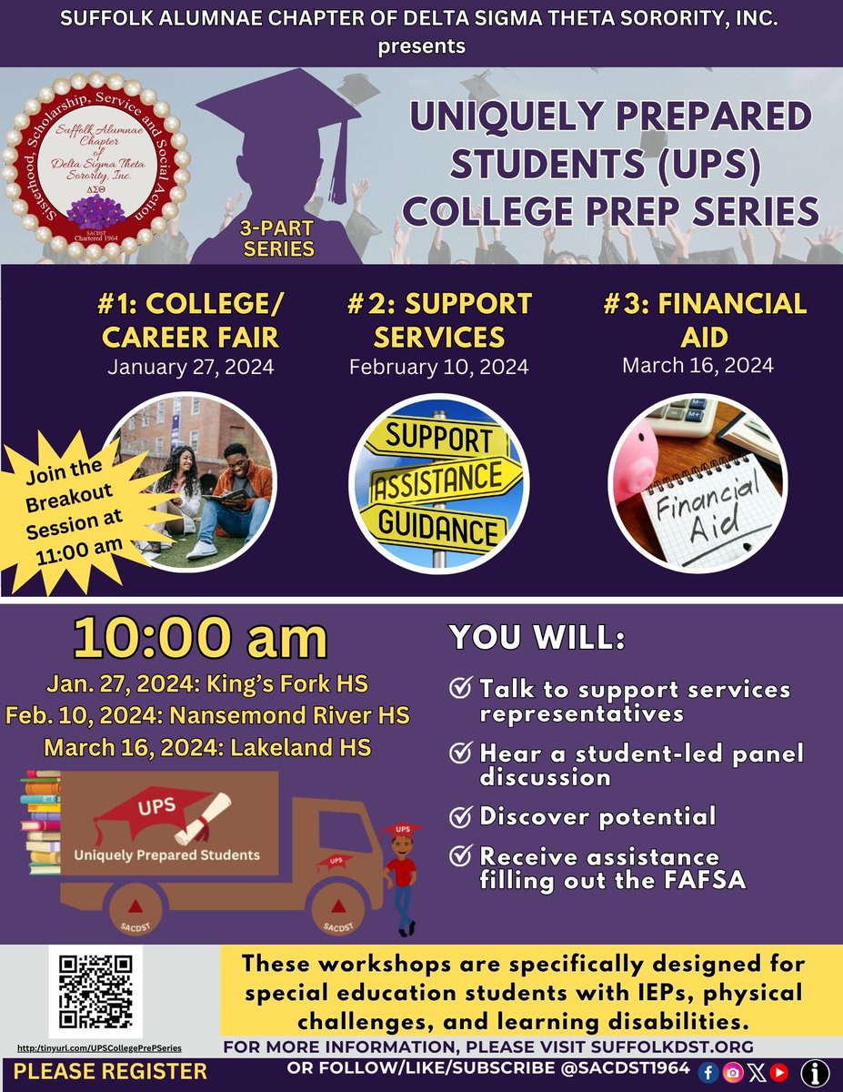 SACDST1964's tweet image. Join us...these workshops are specially for special education students with IEPs, physical challenges, and learning disabilities. Click link to sign-up for the events: tinyurl.com/UPSCollegePreP…

#UPS #DeltaAcademy #DeltaGEMS #EMBODI #collegefair #supportservices  #financialaid