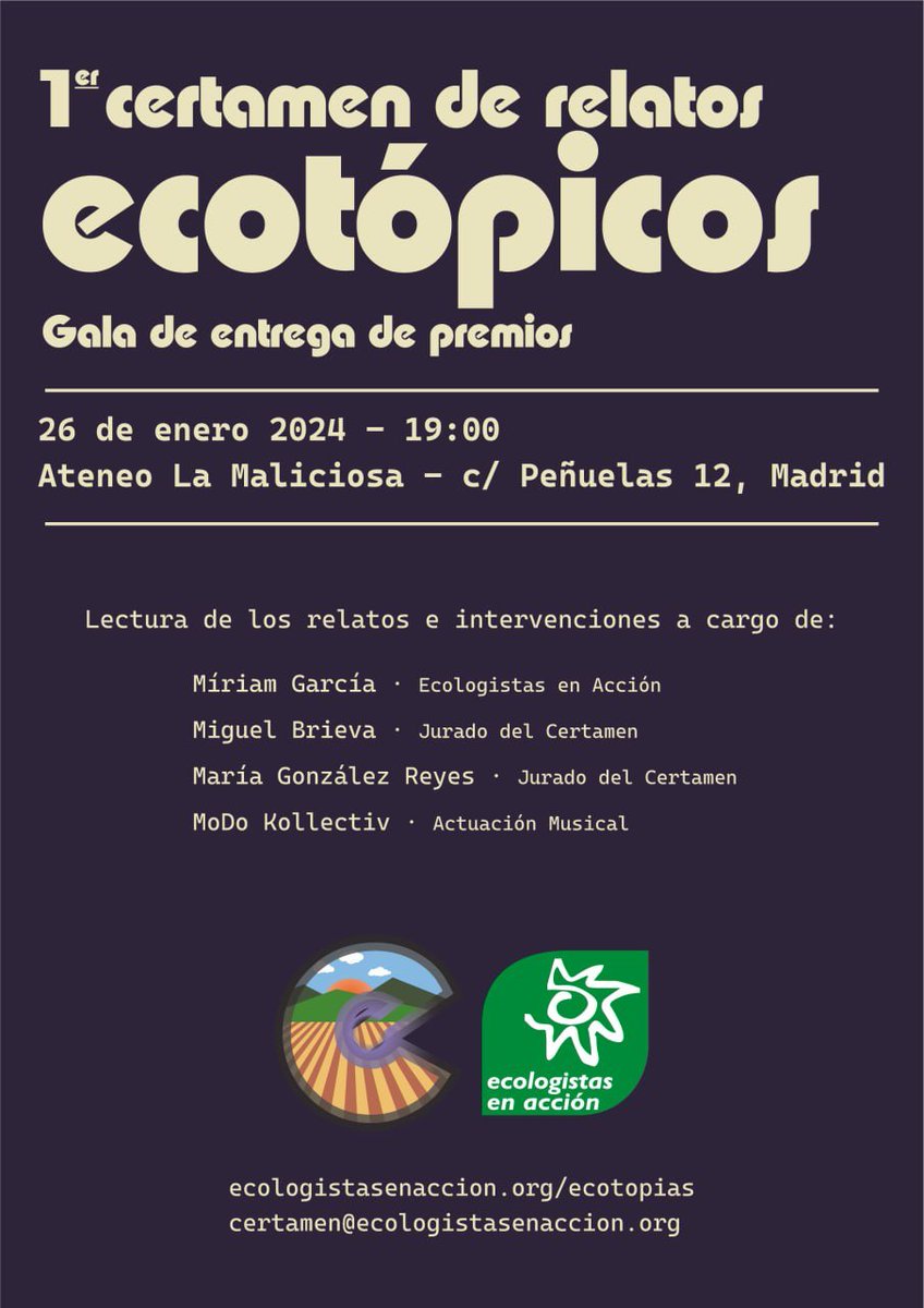AteneoMaliciosa's tweet photo. ¡Esta semana en La Maliciosa! (2/2)

💳 Por una nueva teoría de la propiedad y una nueva idea de riqueza, con J.M. Naredo

🍜 Tu dieta puede salvar el planeta

🖋 Gala de entrega de premios del I Certamen de Relatos Ecotópicos de @ecologistas 

🌳 Curso de arbolado urbano https://t.co/fMuOvgGkMa