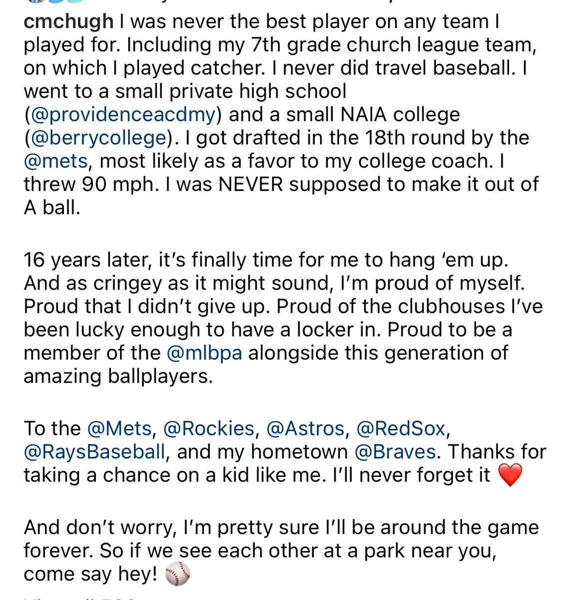 Collin McHugh announced his retirement on Instagram today. Of the athletes I’ve had a pleasure of covering, @Collin_McHugh is one of my all-time favorites. Humble, kind, & generous with his time. He also may have my favorite story. 🧵