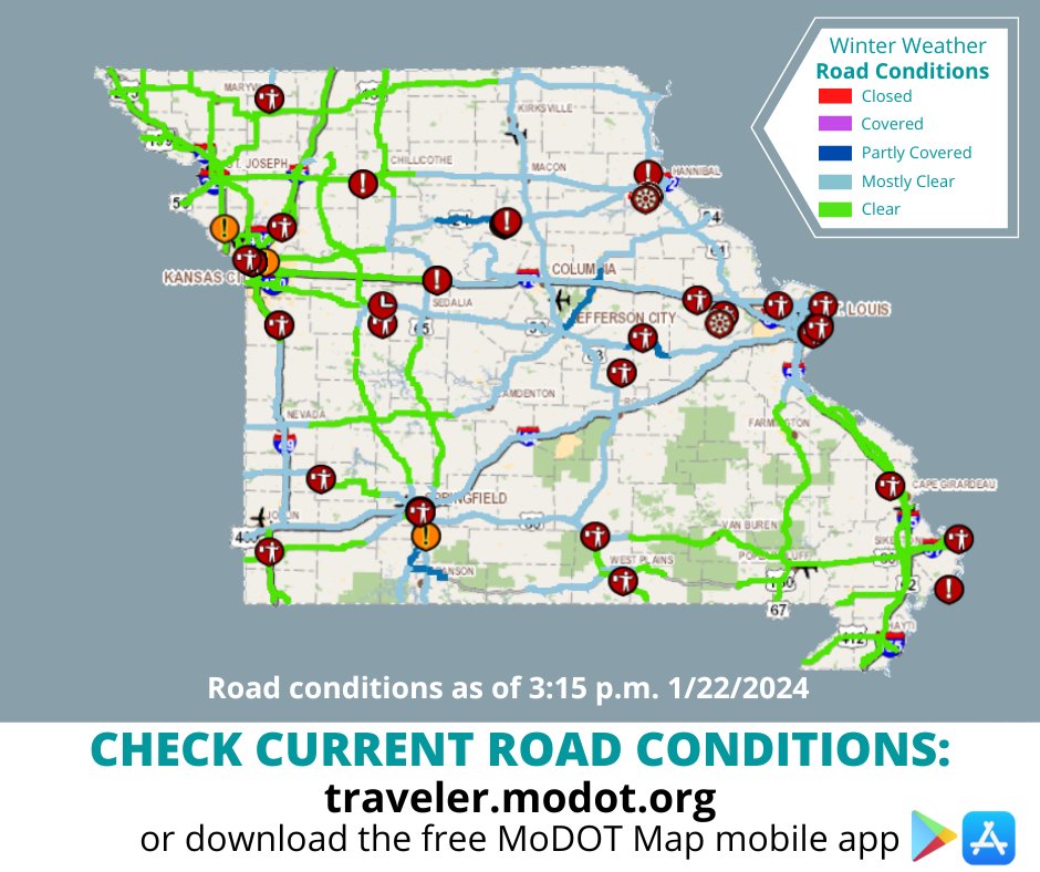 Road conditions are steadily improving across the state this afternoon. Continue to drive for conditions in your area and always take it slow. Give our plows plenty of room to work safely and BUPD! Check the Traveler Map before you go: traveler.modot.org