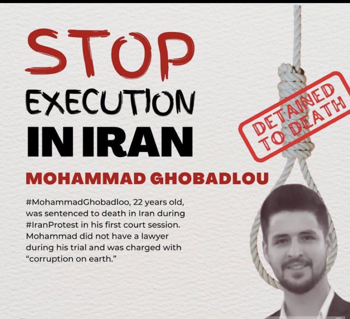 Das islamistische Terrorregime im Iran greift nicht nur Ziele im Ausland an, sondern hat auch wieder damit begonnen, unschuldige junge Menschen im Inland hinzurichten. Der  22jährige #MohammadGhobadloo hatte an Protesten teilgenommen und soll deshalb hingerichtet werden.