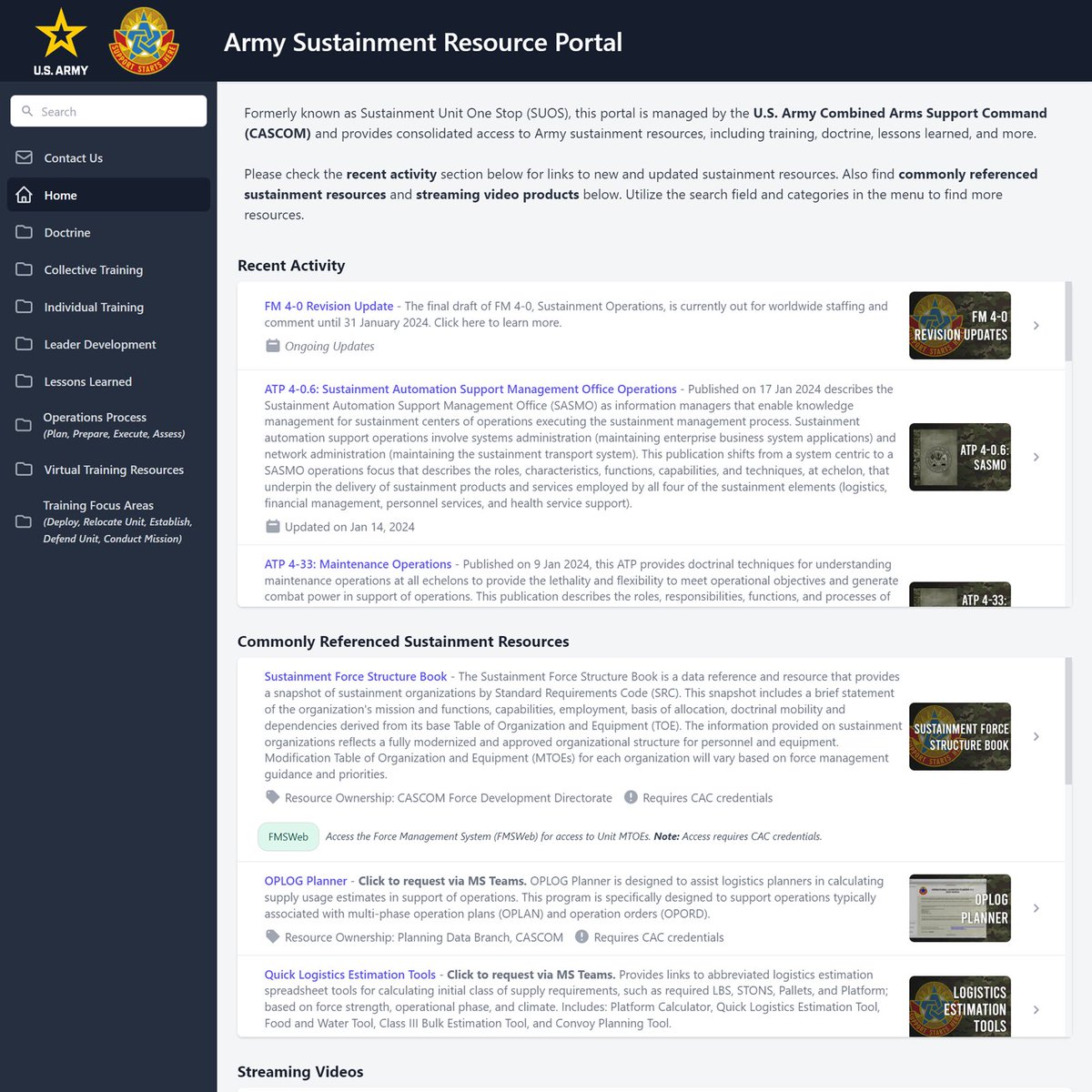 Check out the Army Sustainment Resource Portal (ASRP) for recent updates, including links to ATP 4-0.6 (SASMO), ATP 4-33 (Maint. Ops), the updated Sustainment Force Structure Book, and more!

cascom.army.mil/asrp

#CASCOM #SupportStartsHere #ArmySustainment