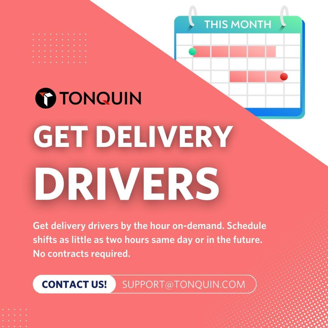 TonquinSupport's tweet image. Need dedicated last-mile delivery capacity? Get delivery drivers to your door on-demand!

➡ Instant quotes
➡ Flexible scheduling
➡ Pay by the hour
➡ No contracts required

Sign up for free by contacting us at tonquin.com/contact