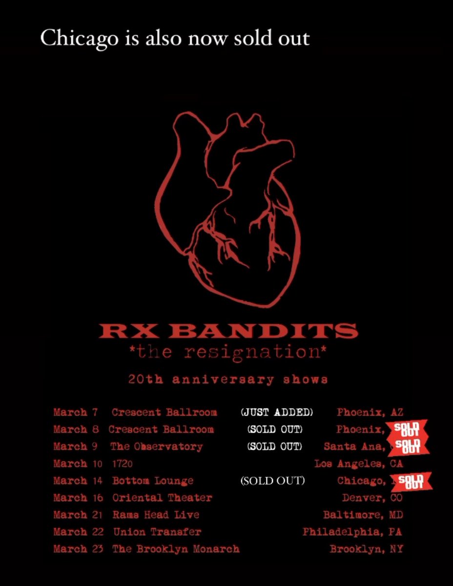 Chicago is now sold out. The second show we added on March 7 in Phoenix is going quick. All other tickets are going fast as well.