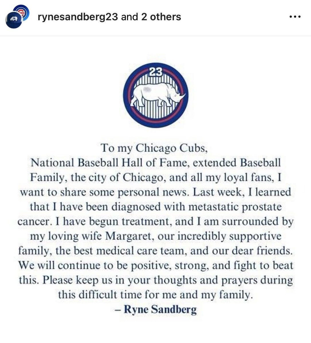 Earlier today, Ryne Sandberg announced he is beginning treatment for metastatic prostate cancer.
