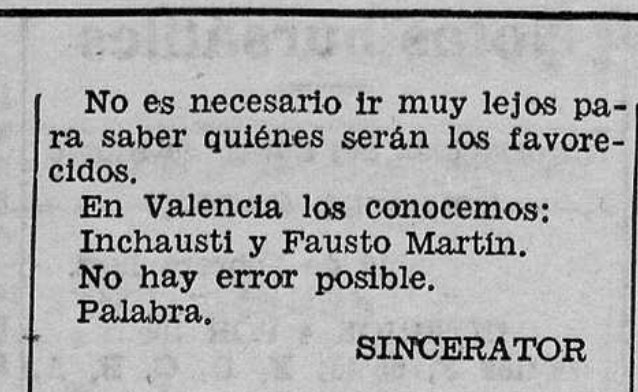 El Madrid, la Federación, los árbitros.

Presidente del Madrid: "Cuando la Nacional ve una cosa así, debe castigar al árbitro (...) Comenzaremos a poner en la lista de los eliminados a cuantos árbitros nos perjudiquen con una injusticia manifiesta".

Las Provincias, 20/2/1932.