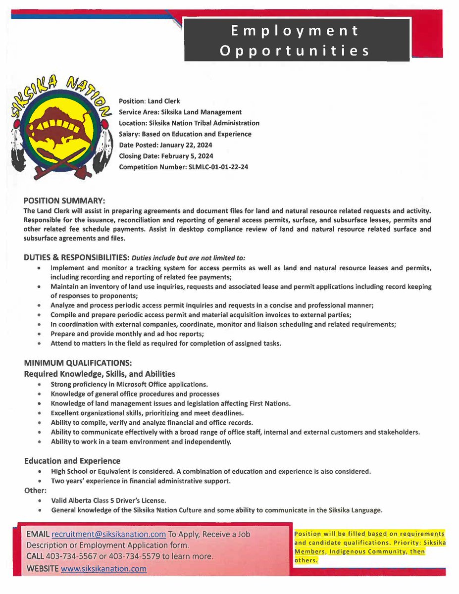 Employment opportunity! Siksika Nation Tribal Administration Position: Land Clerk - Siksika Land Management For more info contact: Email: recruitment@siksikanation.com Phone: 403-734-5567 or 403-734-5579 More info: siksikanation.com/employee-servi…