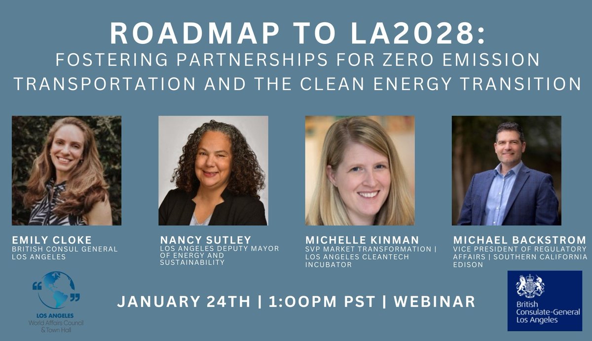 Don't miss our next webinar on Wednesday, January 24th! Join us and @UKinLA for a panel discussion with leading climate leaders, moderated by British Consul General @EmilyClokeUK Register here: bit.ly/41YB3K7 #CleanEnergy #LA2028 #LAEvents