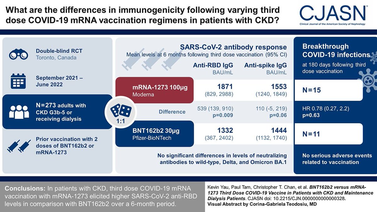 There is a lack of randomized controlled trial data regarding differences in immunogenicity of COVID-19 vaccine regimens in CKD populations. This study found third dose COVID-19 mRNA vaccination with mRNA-1273 elicited higher SARS-CoV-2 anti-RBD levels bit.ly/CJASN0328