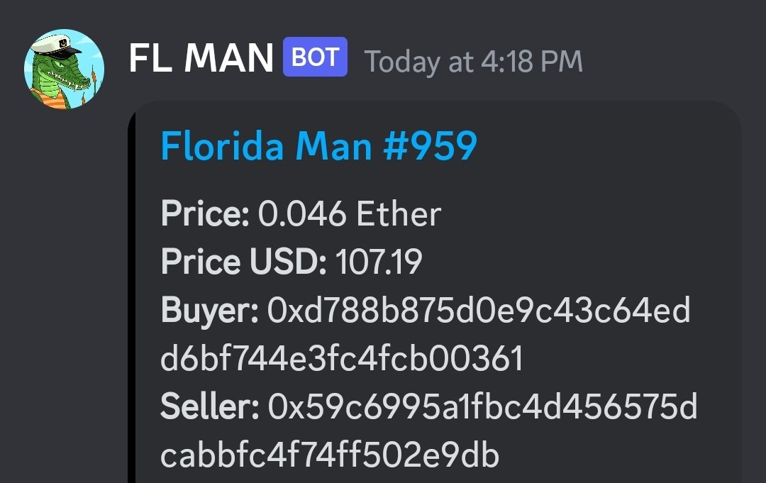 FlmanSales's tweet photo. 🦜   @FLmanNFTs #959 SOLD FOR .046 $ETH 📈 

#MadMondays  is here at  #FloridaMan 

🚨 WHO'S NEXT? 👇 📈 https://t.co/MJQj5rg82e