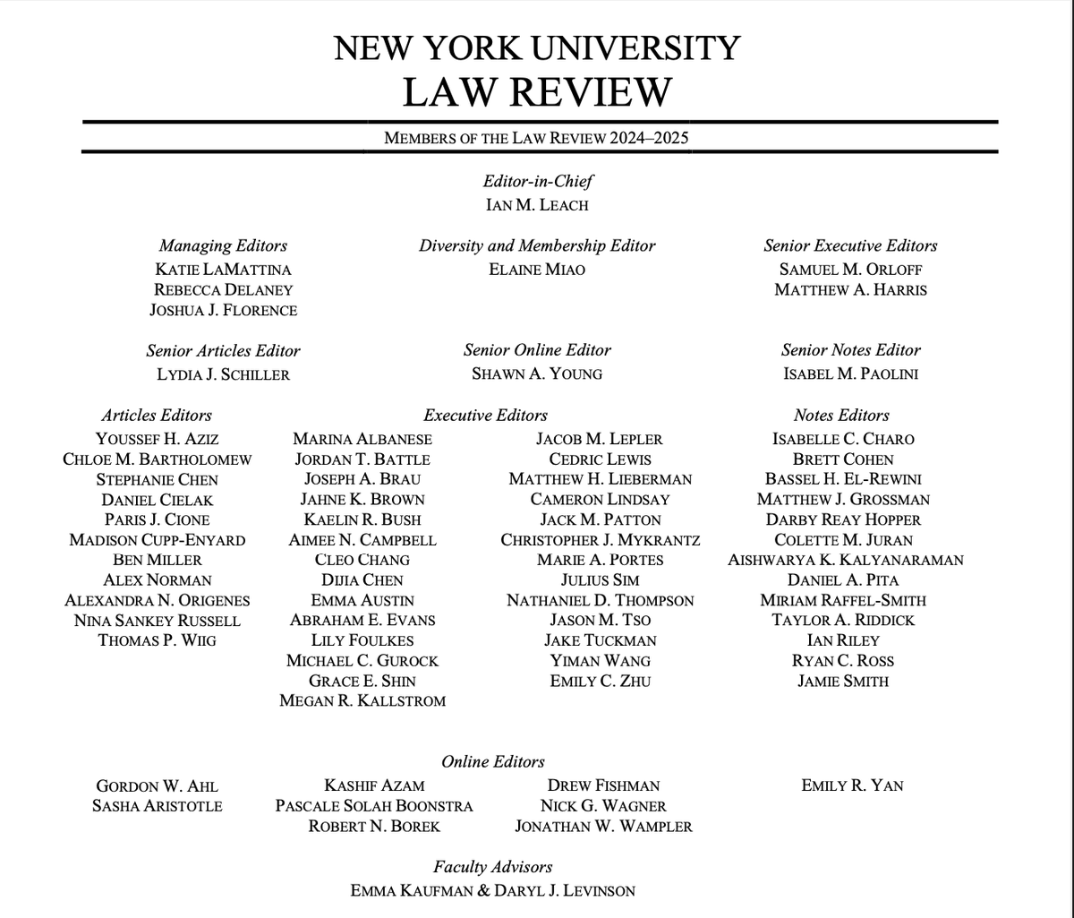 We are thrilled to announce the masthead for the 2024–2025 New York University Law Review!