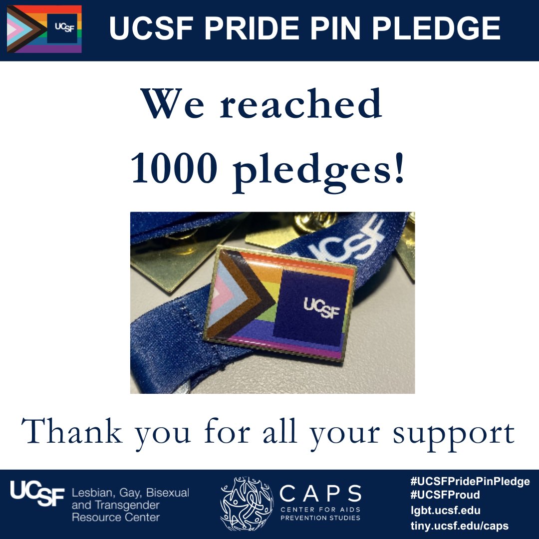 Wow! Huge thanks to the champions promoting this work at Parnassus, Mission Hall, BCH, ZSFG, Mt. Zion & Fresno campuses, & each person who pledged to support LGBTQ+ communities @UCSF 

#ucsfpridepinpledge #ucsfproud @UCSFLGBT  @UCSFHospitals @UCSFChildrens @UCSFFresno