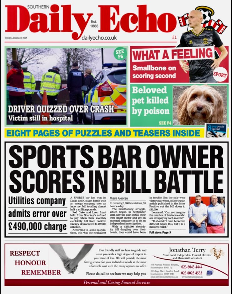 The front of the <a href="/dailyecho/">Daily Echo</a> tomorrow - including how a sports bar took on a utility firm over a £490k overcharged bill - and won (with a not inconsiderable bit of help from ⁦<a href="/journo_maya/">Maya</a>!⁩)