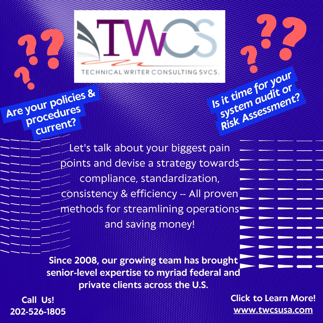 WriteTechs's tweet photo. When is the last time you checked to ensure your policies and procedures remain compliant? That they reflect your current business operations? Can they be used to train new employees in the case of employee turnover? #cotrs #chiefoperatingofficers #ITcompanies #pharmaceutical https://t.co/aD5W4u89kj