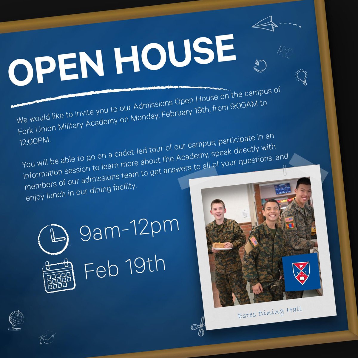 We would like to invite you to our Admissions Open House on the campus of Fork Union Military Academy on Monday, February 19th, from 9 AM to 12 PM. Registration to this event is required: hubs.ly/Q02hjzxG0

#forkunion