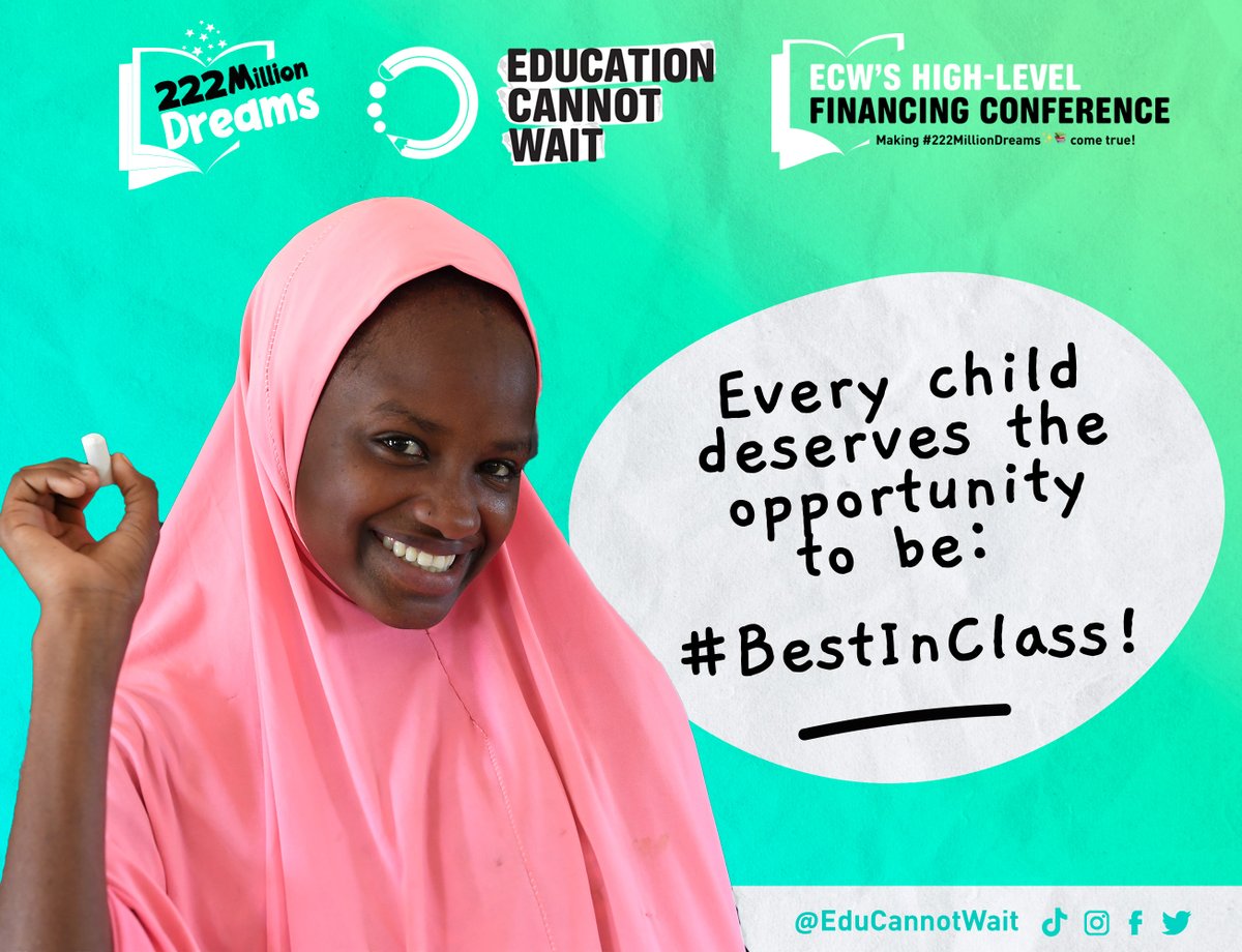 📣We are calling on world leaders to turn commitments into action! Substantive funding contributions will help turn #222MillionDreams✨📚 into reality for children left furthest behind.

Every child deserves to be #BestInClass!
Join us today 👉educationcannotwait.org
@UN @MFA_Lu