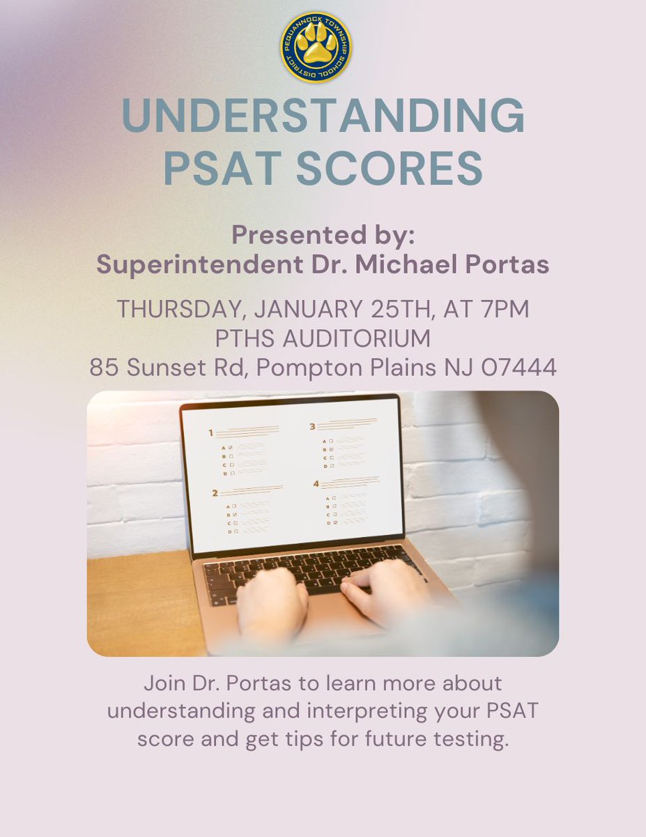panthertownNJ's tweet photo. Join us Thursday, January 25th, at 7PM to learn more about PSAT scores presented by Pequannock's own Dr. Michael Portas.
https://t.co/hV2d95tfbi https://t.co/vIcFuhSces