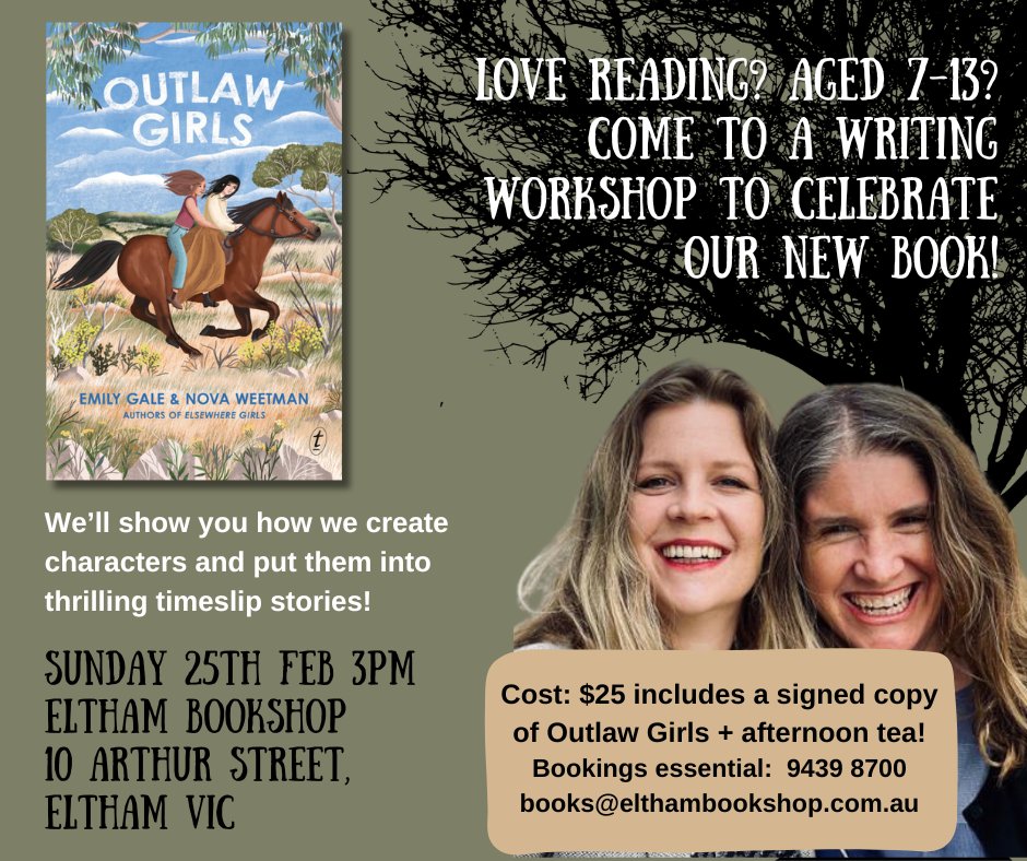 For the first copies of Outlaw Girls out of the box, you're invited to Eltham Bookshop on 25th Feb for a writing workshop with me and @NovaWeetman. Please book at this link, we'd love to see you: tinyurl.com/4hrku8an