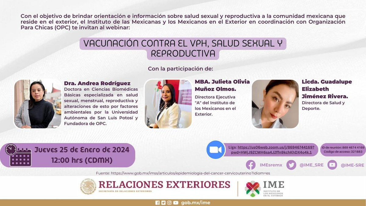 ¡Aparta la fecha! El próximo 25 de enero 📆 se llevará a cabo el webinar “Vacunación contra el VPH, salud sexual y reproductiva”  💉. Sigue la transmisión #EnVivo 📹 a través de nuestras redes 📲. 

No te lo pierdas. #IMESalud 

<a href="/SRE_mx/">Relaciones Exteriores</a> <a href="/luisgure/">luisgure</a> <a href="/09Gejimenez/">Elizabeth Jiménez Rivera</a> <a href="/JulietaOliviaM1/">Julieta Olivia Muñoz Olmos</a>