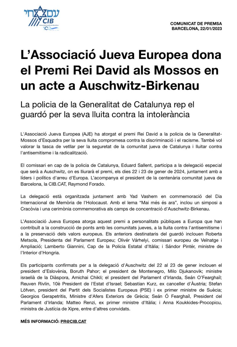Avui els @mossos han rebut el Premi Rei David de la @EJAssociation a un acte a @AuschwitzMuseum, pel compromís de la policia de Catalunya en la lluita contra la intolerància i l’antisemitisme  #NeverAgainIsNow @BarcelonaJudia @fcjecom